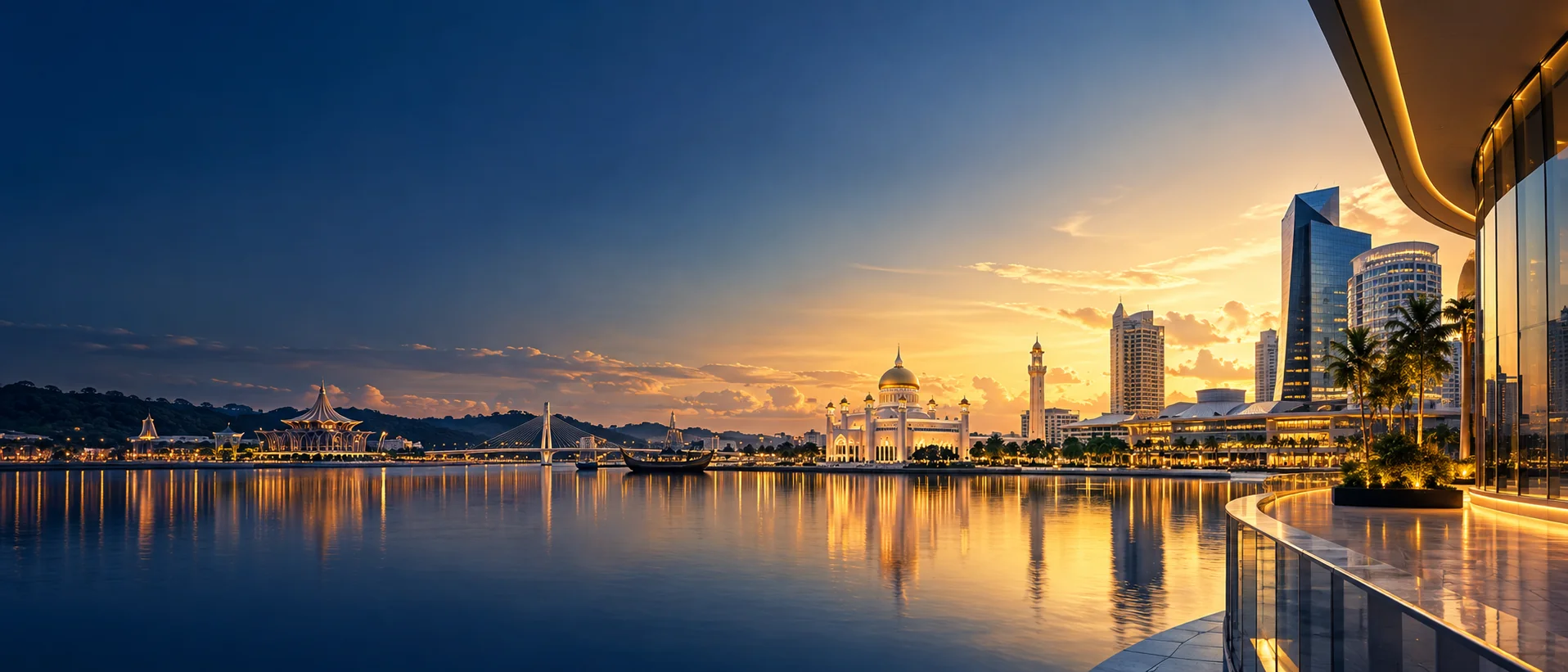 Illustrative panoramic view of a Brunei-inspired waterfront and commercial district